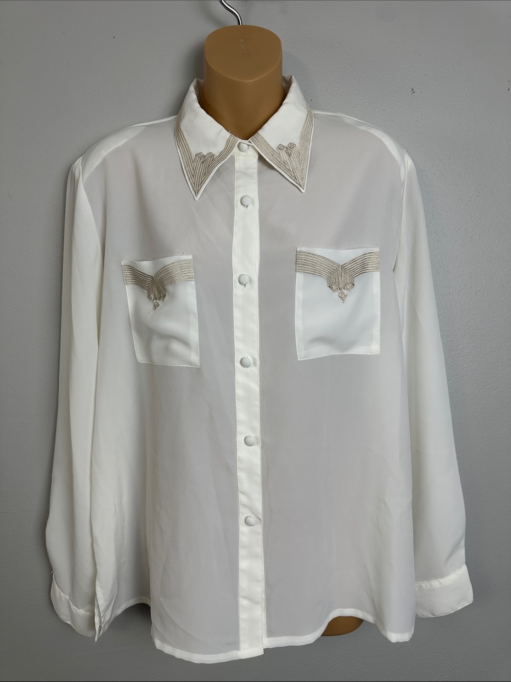 Vintage Kathy Che Art Deco Western Embroidered Ivory Sheer Button-Up Blouse